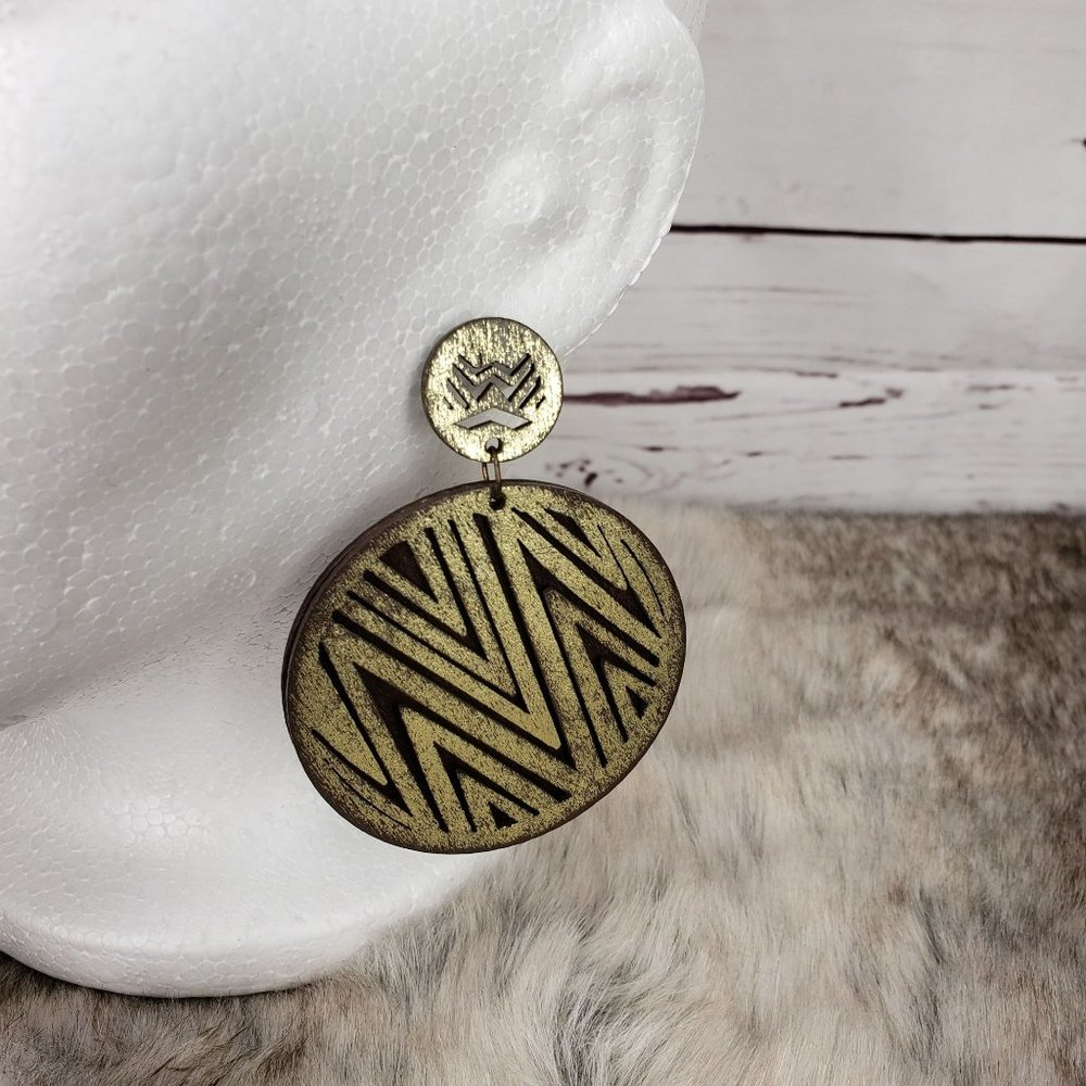 Wooden Laser Cut Geometric Chevron Herringbone‎ Drop Modern Earrings
